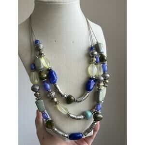 Chico’s Multi Beaded Necklace Turquoise Green Blue Silver Tone